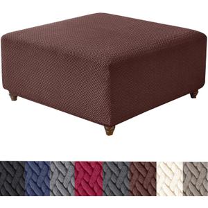 HFCNMY Ottoman Cover Square,Stretch Knitted Jacquard Square Ottoman Cover Thick Ottoman Slipcover Square Washable Storage Ottoman Cover Foot Stool Cover with Elastic Bottom Coffee X-Large