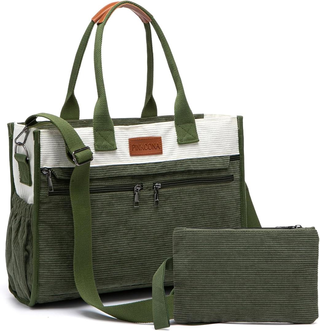 Corduroy Tote Bag for Women 2Pcs Set, 14-Pocket Lightweight Laptop Work Tote, Teacher & College Travel Crossbody Bag