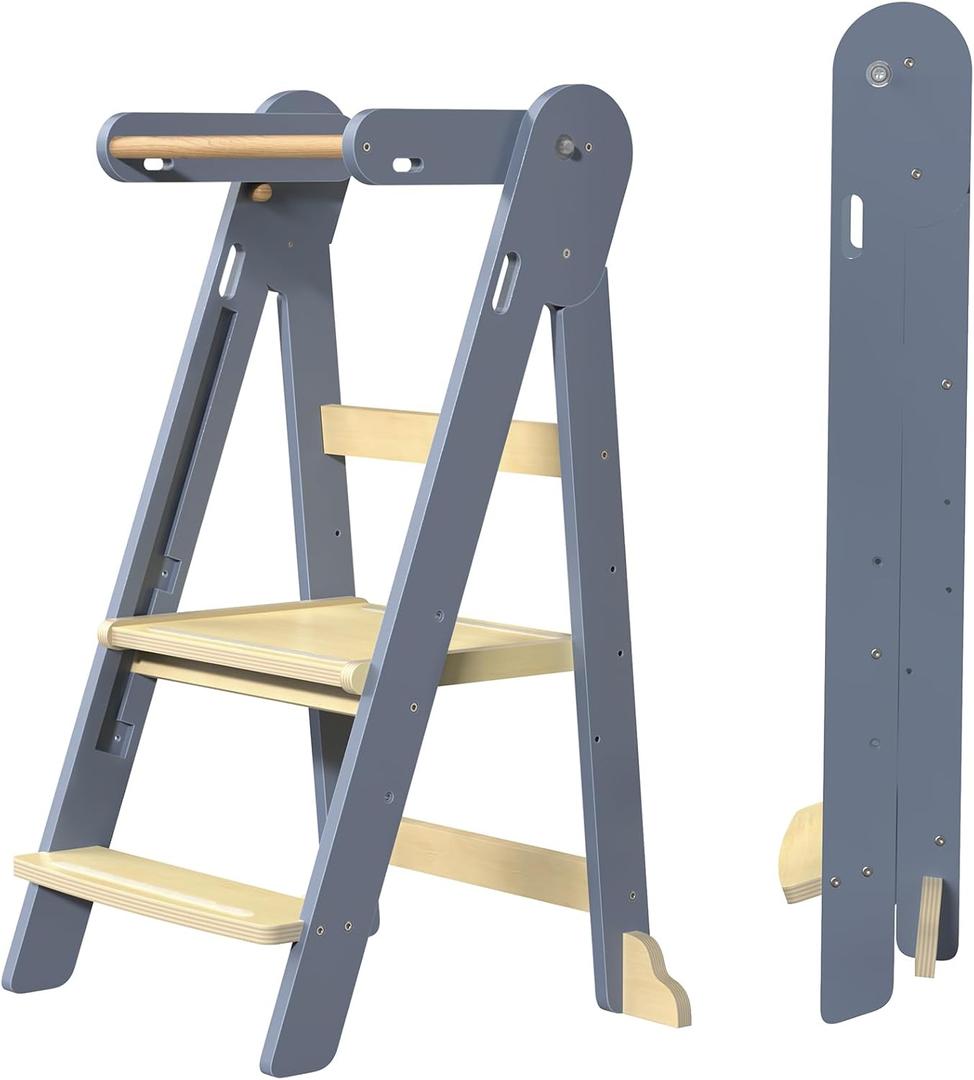 Grownsy Safety Upgrade Foldable Kitchen Helper Step Stool Toddler Tower | One-Click Lock, 3-Second Folding, 3 Adjustable Heights, Sturdy A-Frame Support, Easy Storage, Ages 15 Months to 6 Years