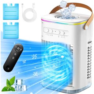 3-IN-1 Personal Air Conditioner w/Remote, 7H Timer, 7-Color Lights, 2-Level Humidify, USB Powered Evaporative Air Cooler, 3 Speeds Small Portable Air Conditioner for Room Car Bedroom Office