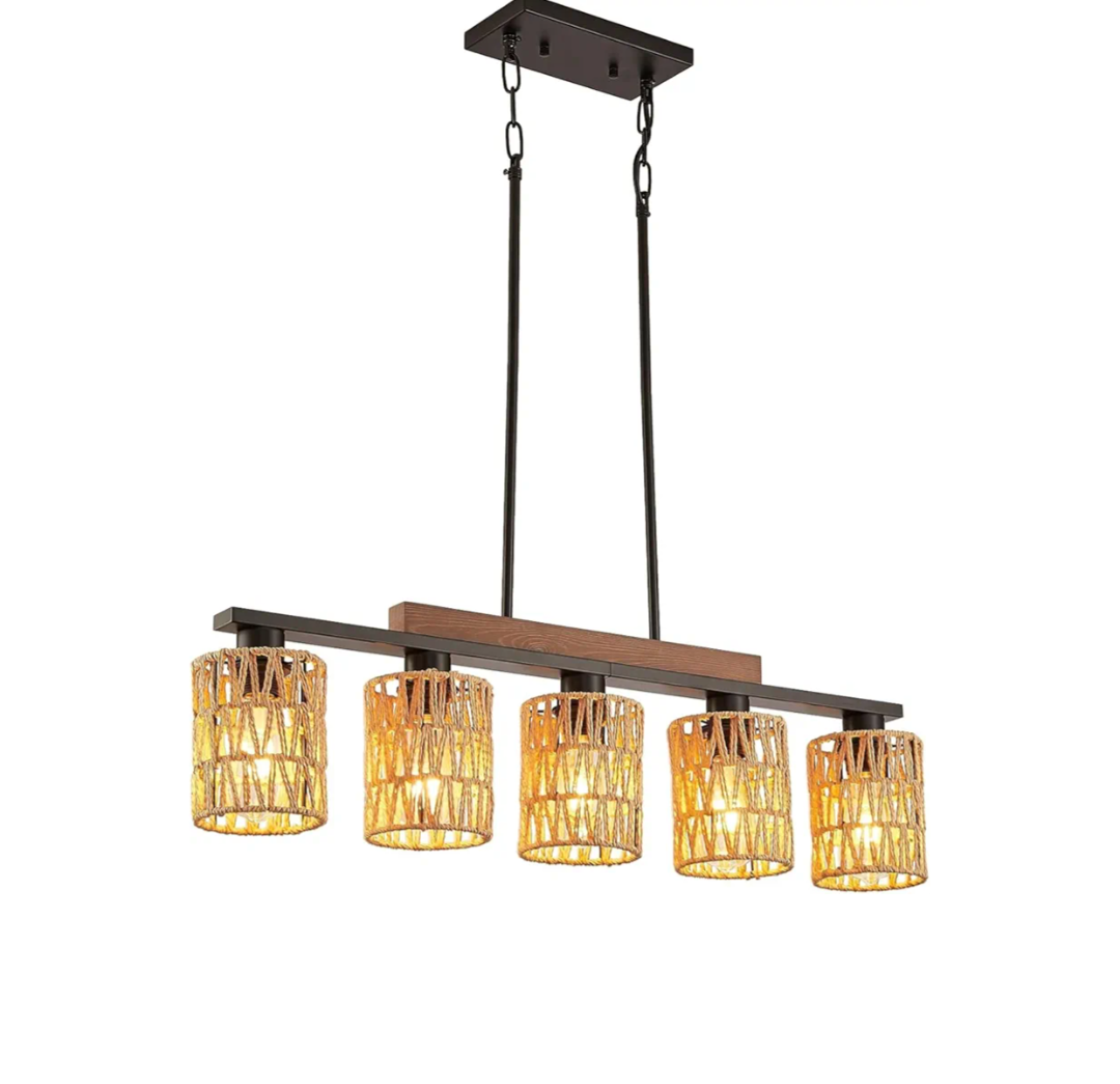 Boho Dining Room Light Fixture, 5-Light Rattan Chandelier, Farmhouse Woven Large Coastal Wicker Wood Bamboo Bohemian Rustic Rectangle Black Linear Pendant Lights Over Table for Kitchen Island