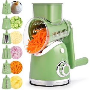 SUSTEAS Rotary Cheese Grater with Handle,Vegetable Slicer with 6 Interchangeable Blades, Reinforced Suction,Easy to Clean,Kitchen Chopper for Crushed Ice,Fruits and Nuts with Blade Storage Case,Green