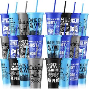 Mifoci Video Game Plastic Cups with Lids and Straws Reusable Tumbler with Lid and Straw Cute Iced Coffee Travel Cups Mug Water Bottle for Adult Kid Gaming Birthday Supplies(Classic Color,24 Pcs)