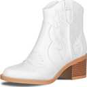 PIZZ ANNU Women's Embroidered Western Cowboy Boots Cowgirl Round Toe Short Ankle Boots Ladies Fashion Retro Classic Booties Chunky Heels (10, White)