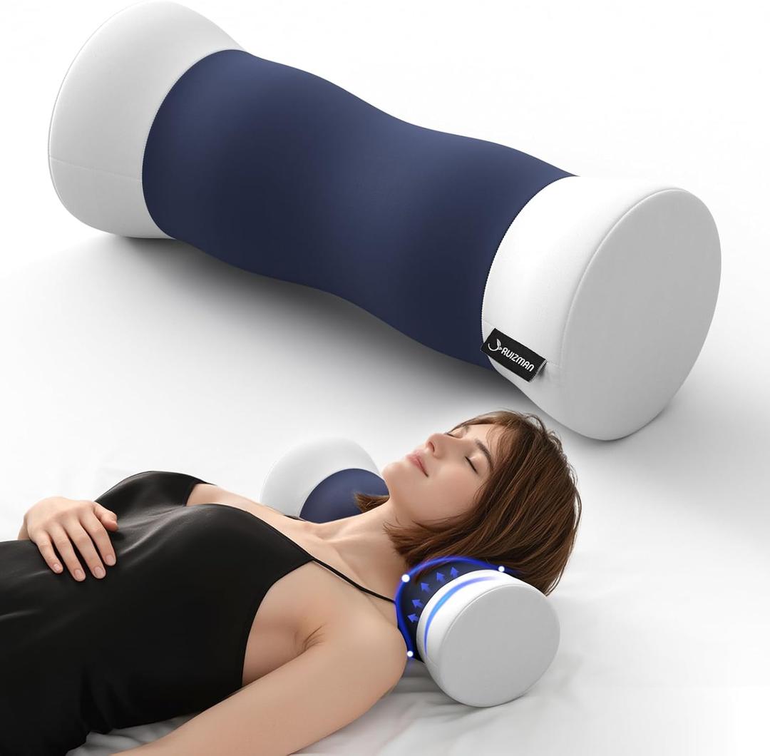 Neck Roll Pillow - Memory Foam Round Neck Pillow - Ergonomic Cervical Roll Pillow, Breathable & Removable Cover - Multi-Use Bolster Pillow for Neck, Leg, Back, Yoga (Blue White)