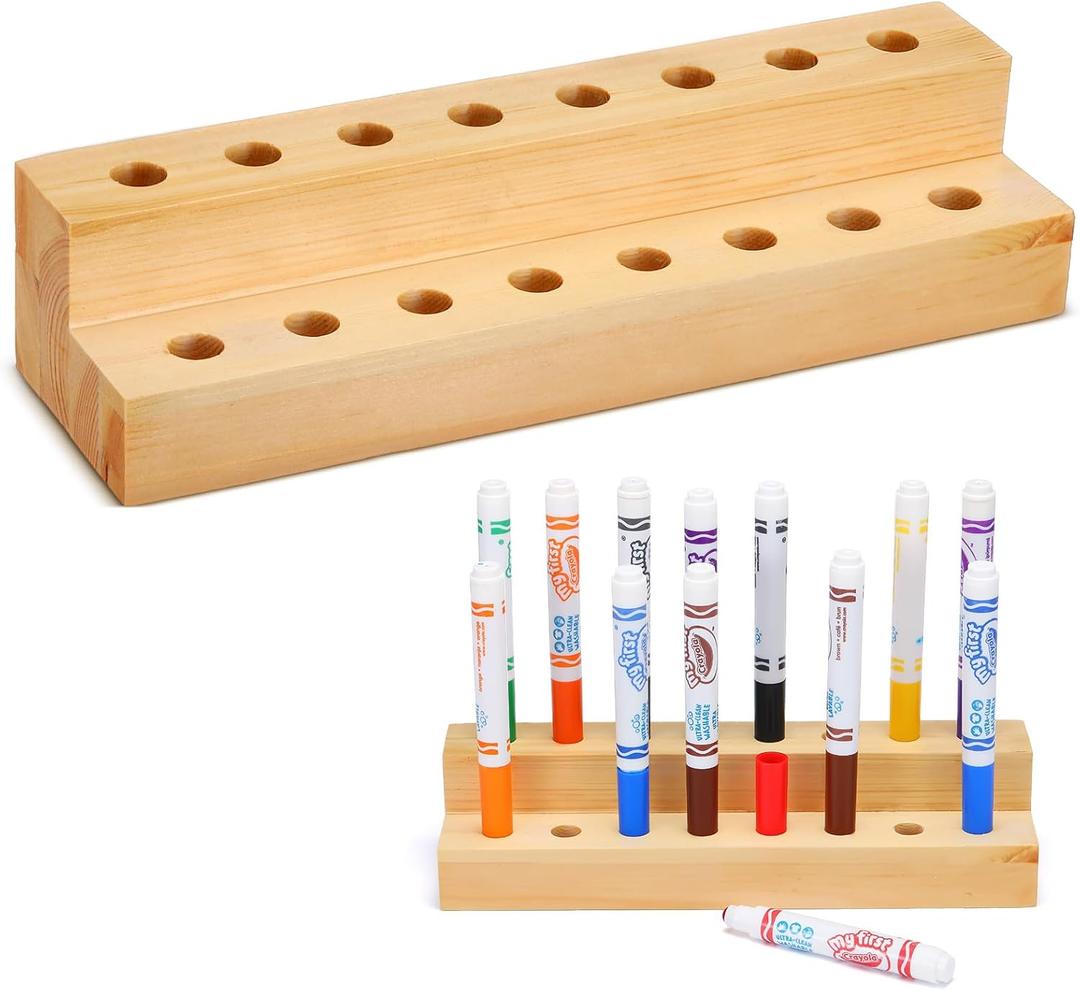 Cinnvoice Wooden Marker Stand 16 Marker Pen Holder Storage Organizer for Classroom Display Stand 16 Holes Paint Brush Holder for Organization Storage Supplies