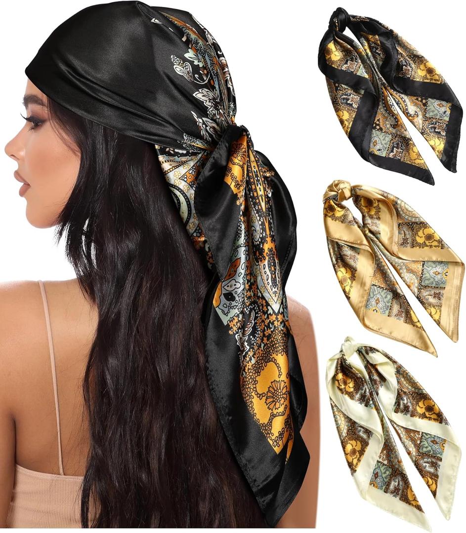 AWAYTR 35 Large Square Satin Head Scarf - 3Pcs Satin Hair Scarves Silk Bandana Scarf Headscarf Silk Feeling Scarf for Women