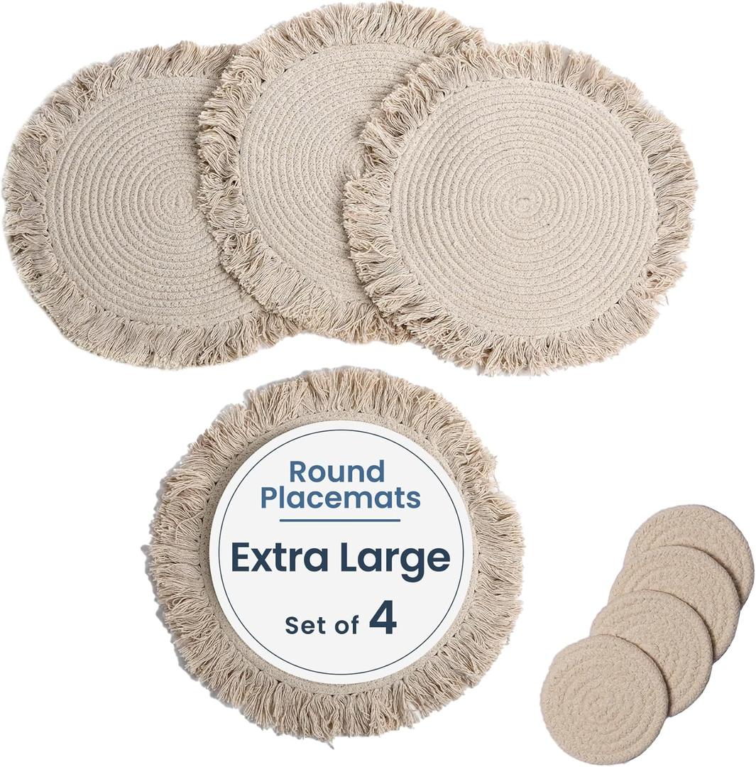 Fine Living Co. 15 Inch Round Placemats Set of 4 with 4-Free Coasters, Washable Heat Resistant Non-Slip Braided Cotton Placemats with Fringe, Boho Woven Table Mats for Dining Table Decor, Ivory
