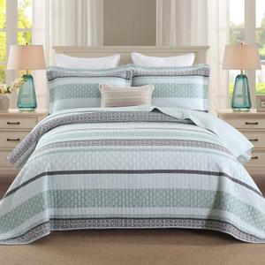 Homzard Quilts Queen Size,Cotton Queen Comforter Set,Mint Green Grey Bed Set,Striped Bedding,Lightweight Bedspreads All Season 3 Piece (Queen (90"x98"))