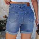 luvamia Jean Shorts for Women High Waisted Trendy Mid Thigh Long Cuffed Hem Stretchy Denim Shorts Casual Summer Jorts (Blue, L)