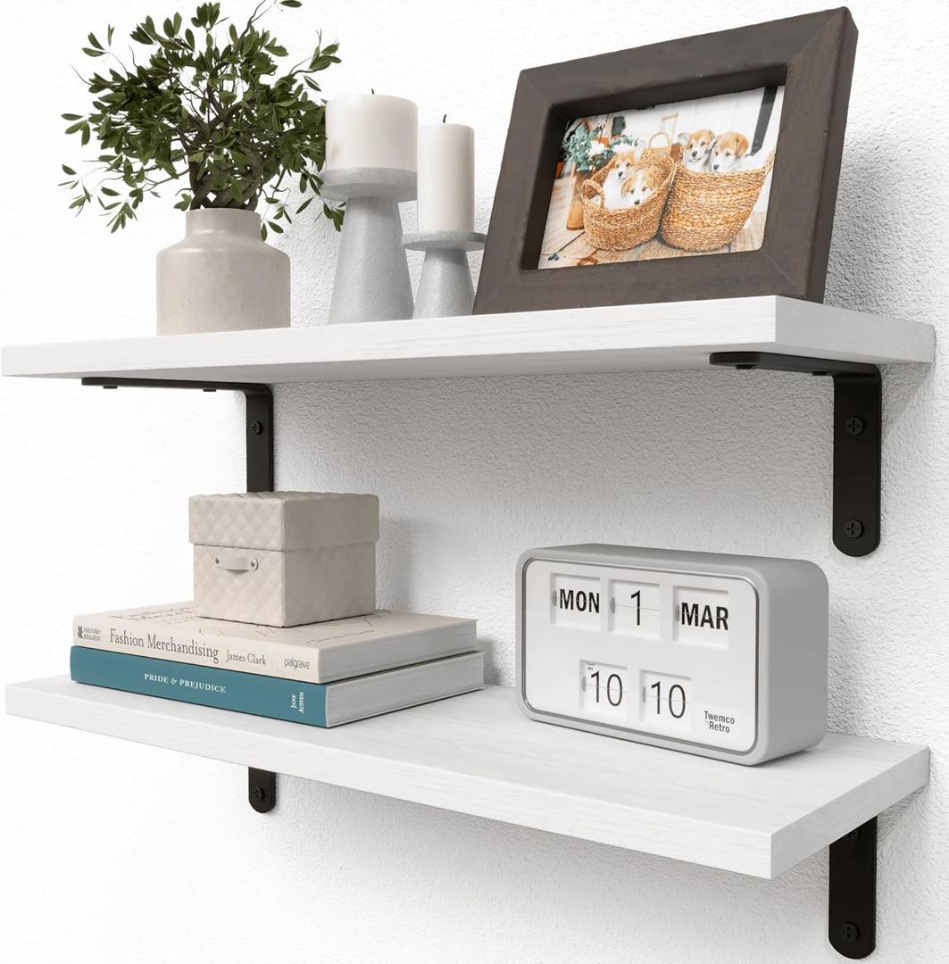 RICHER HOUSE Floating Wall Shelves, Rustic Wood Bathroom Shelves Set of 2, Farmhouse Style Shelf for Decor, Hanging Bedroom, Storage, Kitchen, Living Room - White (2 Pcs:16.54in)