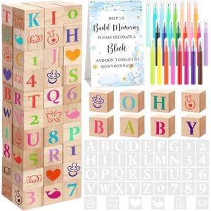 Wonderjune 147 Pcs Baby Shower Blocks Games Sets, 80 DIY Blank Wooden Block 42 Stencils 24 Watercolor Marker 1 Decorate a Block Game Sign for Gender Reveal Baby Shower Party Supplies(Blue Elephant)