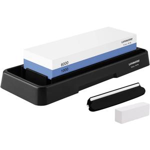 Knife Sharpening Stone Set,Whetstone Dual Sided 1000/6000 Grit Waterstone with Angle Guide Non Slip Rubber Base Holder, Knife Sharpeners Tool Kit for Kitchen Hunting (Blue + black)