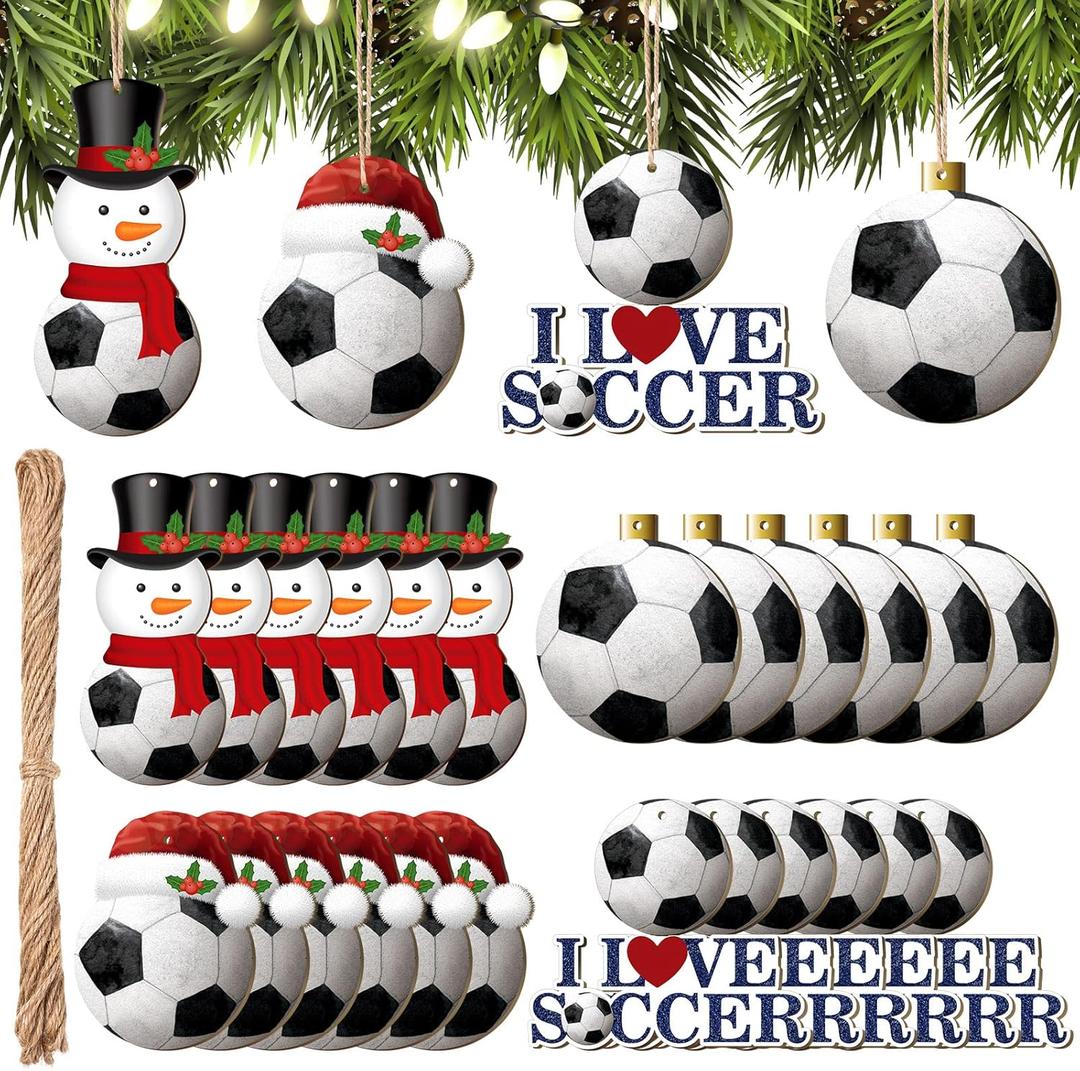 Karenhi 24 Pcs Christmas Soccer Ball Ornament Wooden Soccer Snowman Ornament Wood Ball Christmas Tree Ornaments Wood Cutouts Decorative Hanging Ornaments for Xmas Holiday Party Decoration