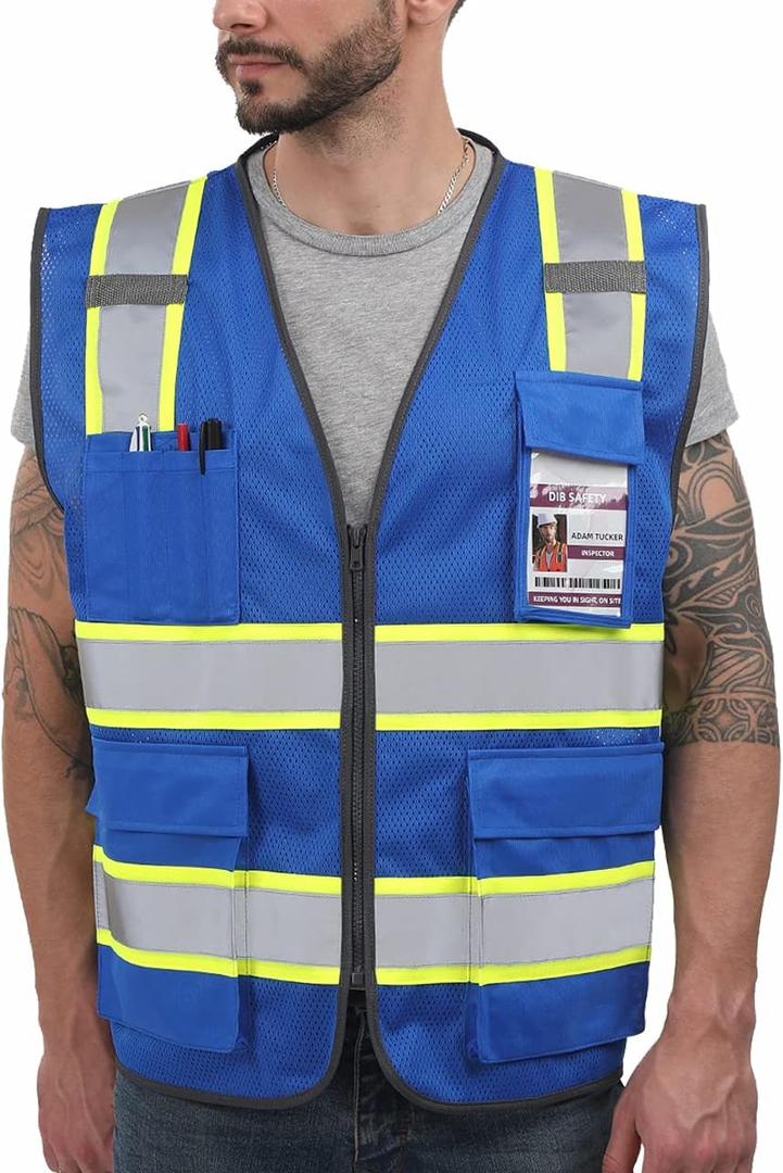 Dib Safety Reflective Mesh Vest High Visibility Two Tone with Pockets and Zipper, Blue Mesh with Yellow Trim 2X