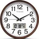 Wall Clock, Classic Wood Style Finish, 11 Inch Non-Ticking Silent Battery Operated Quartz Analog with Perpetual Calendar and F Temperature Display, Home, Office Dcor (Wood Brown)