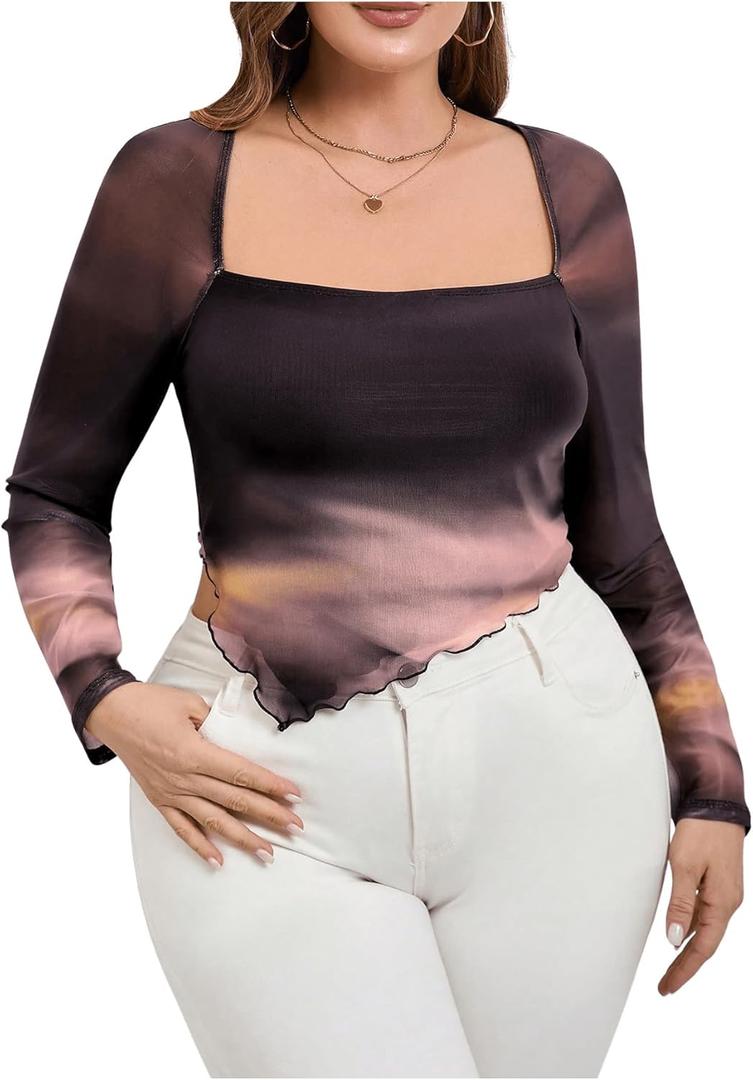 MakeMeChic Women's Plus Size Tie Dye Square Neck Lettuce Trim Asymmetrical Long Sleeve Tee Shirt Tops (Purple, XL)