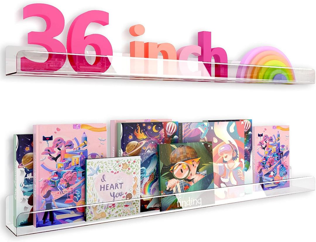 2 Pack 36 Inch Clear Acrylic Kids Wall Bookshelves,Display Rack