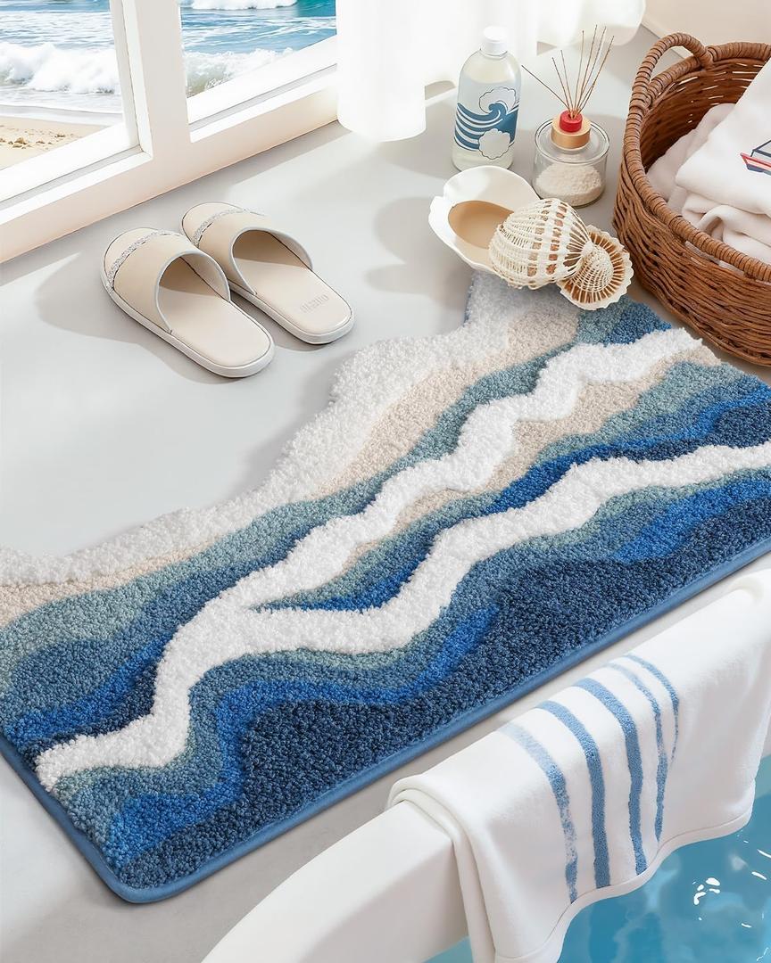 DEXI Cute Bath Mats for Bathroom, 32x20 Washable Absorbent Sea Wave Bathroom Rugs with Rubber Backing, Extra Soft Plush Microfiber Bathmat for Shower Floor, Tub, Sink, Bedroom, Ocean Blue
