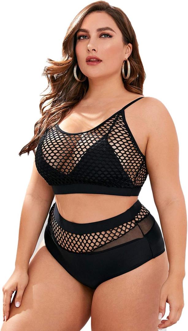 Floerns Women's Plus Size Bathing Suit Fishnet High Waist Bikini Set Rave Outfit (Black, XXXL)