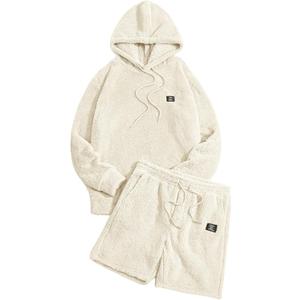 Verdusa Men's 2 Piece Tracksuit Sets Fleece Fuzzy Hooded Sweatshirt and Shorts (X-Large, Apricot)