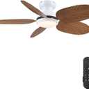 Ceiling Fans with Lights and Remote/APP Control, 45 Inch Low Profile Tropical Ceiling Fan for Living Room Bedroom, Outdoor Flush Mount Palm Leaf Ceiling Fan for Patios Porch, Wood Grain