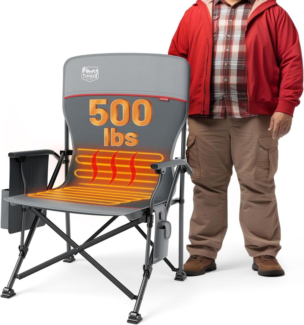 TIMBER RIDGE Oversized Heated Camping Chair for Outdoor Sports, High Back Padded Lawn Chair for Adults Support Up to 500lbs with Cup Holder, Side Pocket(Power Bank not Included) (Gray With Heating Function)