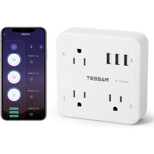 Smart Plug Outlet Extender Compatible with Alexa Google Home, TESSAN WiFi Multi Plug with 3 Smart Outlets 3 USB Ports, Wall Surge Protector Power Strip 900J for Indoor, Voice and Smartlife Control (White-Grey)
