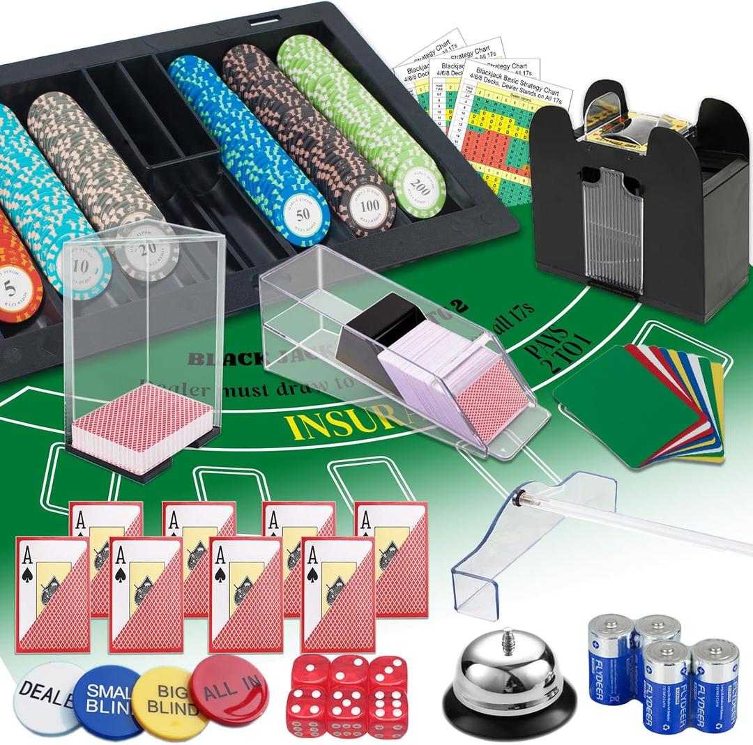 Ultimate Casino Game Set: 6 Deck Shuffler+300pc Hi-End Chips+8 Pro Plastic Poker Card+Card Shoe+Chip Rake+Felt+Accessories, Blackjack Set & Texas Holdem Kit, Poker Night Kit for Adult Casino Party