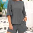 BTFBM Women Summer 2 Piece Outfits 2025 Spring Matching Set Short Sleeve Tops Elastic Waist Shorts Lounge Sets Pocket (Gray, S)