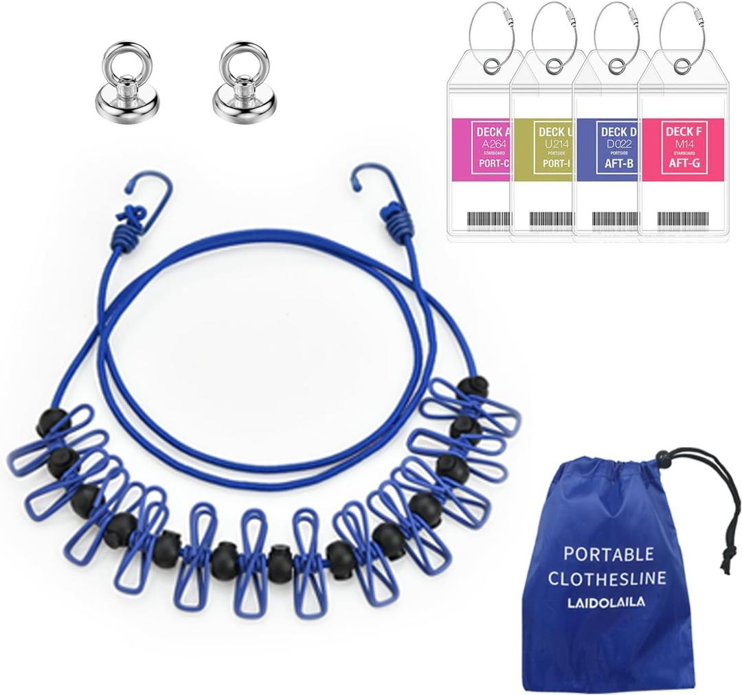 Magnetic Retractable Clothes Line for Cabin - Approved 2025 Cruise Essentials Clothes Drying Rack Travel Clothesline with Clothespins -4 Luggage Tags Strong Magnets Hooks (Blue)