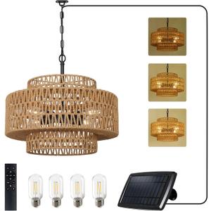 Solar Chandelier Outdoor Lights for Patio, Boho Solar Powered Outdoor Chandelier with Remote & LED Bulb, Dimmable Solar Light, Hanging Pendant Lighting for Garden Yard Porch Gazebo Indoor, Style: 3-Tiers Solar chandelier