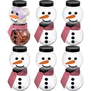 12 Pcs Plastic Candy Jars for Christmas Party Favors Snowman Christmas Candy Jars with Lids Clear Xmas Cookie Jar Container Chocolate Storage Jar with Stickers, Ribbon for Marshmallow Gift