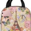 Paris Eiffel Tower Butterfly And Flowers Lunch Bag Compact Tote Bag Reusable Lunch Box Container For Women Men School Office Work 2 Packs