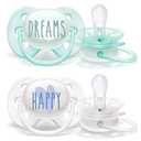 Philips AVENT Ultra Soft Pacifier 0-6 Months, Dreams and Happy Designs, 4 Pack, White/Green, SCF222/43