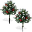 Yunlly 2 Pcs 23.6in Frosted Artificial Cedar Pine Topiary Trees for Front Porch Decor, Outdoor Christmas Tree with Cones Red Berries, Faux Shrubs UV Resistant Fake Bush Greenery for Indoor Garden