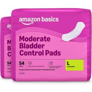 Amazon Basics Incontinence Pads for Women, Postpartum, Long, Bladder Control, Moderate Absorbency, Unscented, 54 Count 2 Packs