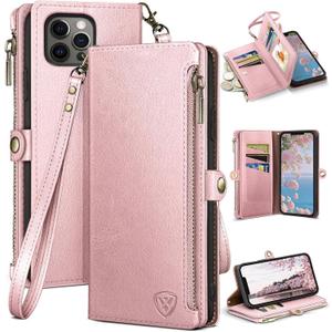 XcaseBar for iPhone 13 Pro 6.1" Wallet case with Zipper Credit Card HolderRFID Blocking, Flip Folio Book PU Leather Phone case Shockproof Cover Women Men for Apple 13 Pro case Rose Gold