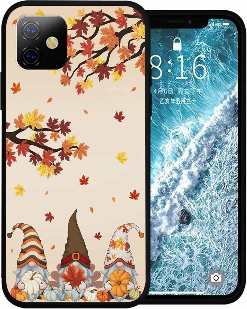 Compatible with iPhone 14 Case 6.1 inch, Thanksgiving Gnome Maple Leaves Pumpkin Phone Case Ultra Slim Thin Silicone Cover Anti-Scratch Shockproof Protective Rubber Case