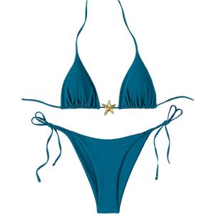 SHENHE Women's Triangle String Bikini Set 2 Piece Halter Swimsuits Starfish Metal Linked Swim Set (Medium, Blue)