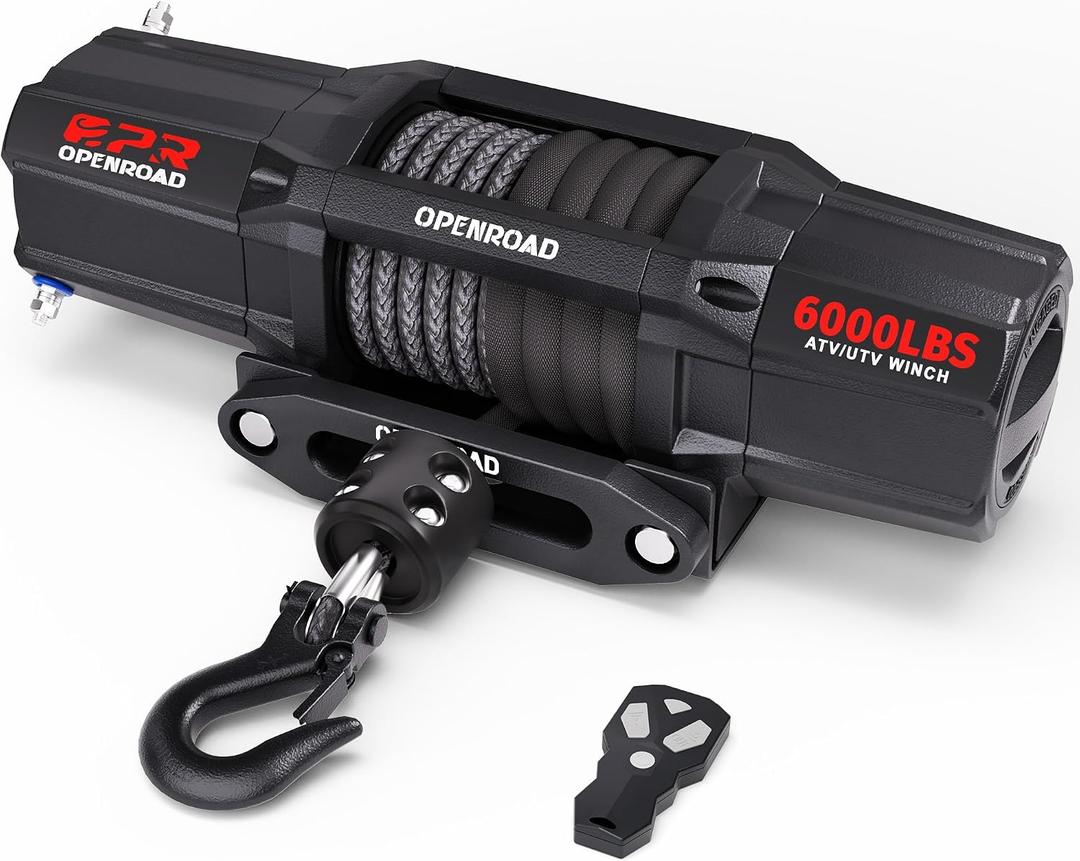 OPENROAD 6000 lbs UTV Winch, Waterproof IP67 Electric Trailer 6k Winch with 1/4"50ft Synthetic Rope,Wireless Remote and Winch Stopper (6000lb with Mounting Plate), 6000lb Black