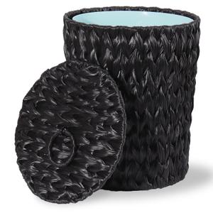 Plastic Wicker Trash Can with Lid - 2.6 Gallon Small Garbage Can with Removable Liner Bucket for Bedroom, Bathroom, Living Room - Boho Hand Woven Waste Basket for Home, Office, Black
