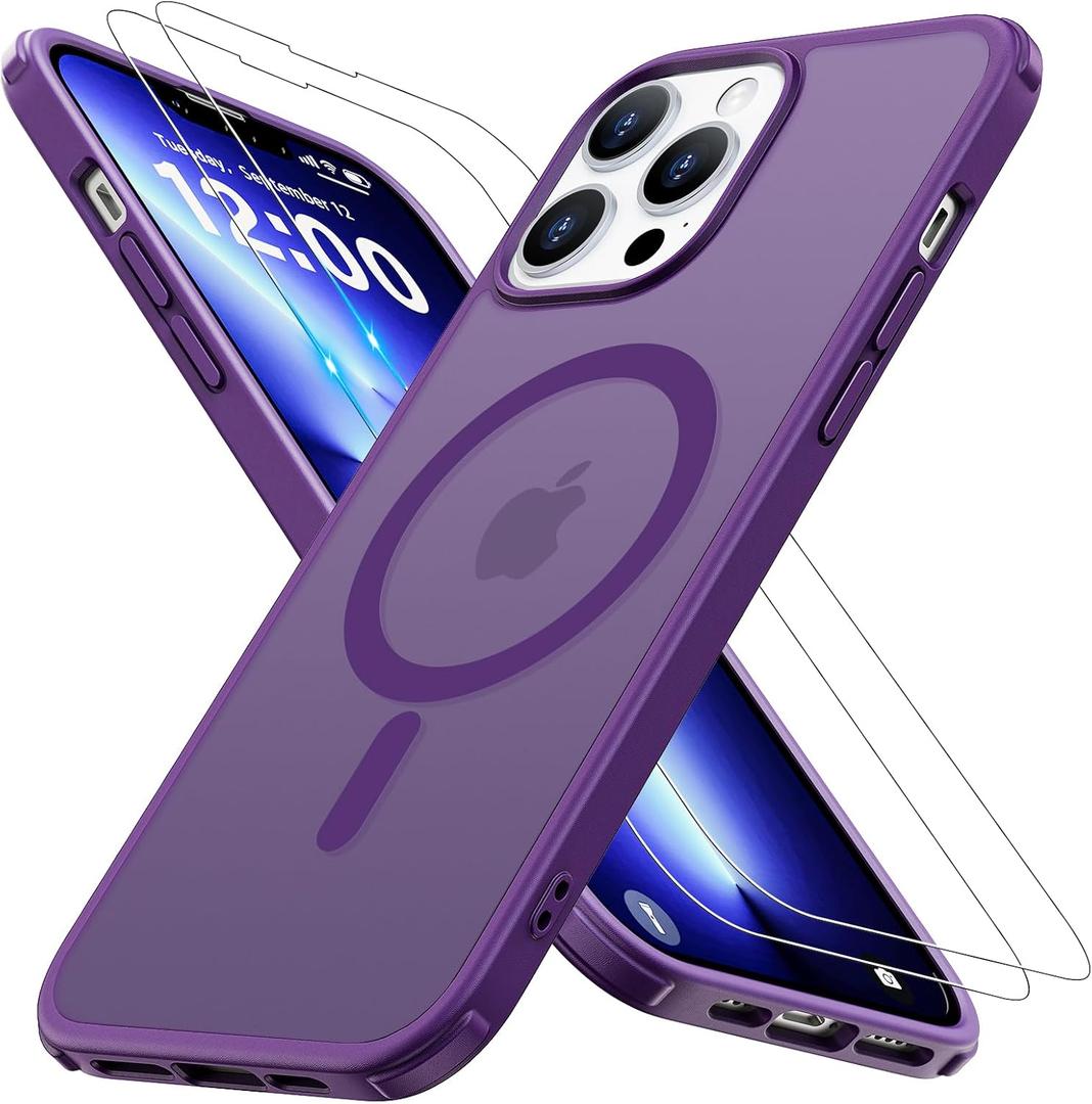 Magnetic for iPhone 12/13 Pro Max Case [Compatible with MagSafe] with 2X Screen Protector, Military-Grade Slim Shockproof Phone Cover Translucent Matte Anti-Fingerprint Anti-Scratch,6.7 inch,Blue and Purple (2 Set)