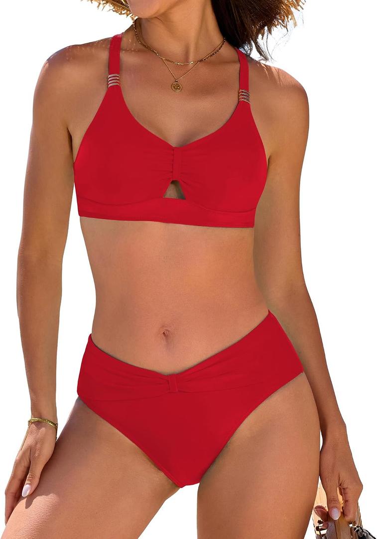 swimall Women's 2 Piece Bikini Sets Ruched Cutout Swimsuit Crisscross Back Bathing Suit (Red, S)