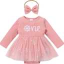 IMEKIS Winter Onederland 1st Birthday Girl Outfit: December First Birthday Outfit Girl Baby Bubble Romper Tutu Long Sleeve Toddler Christmas Dress Silver Xmas Holiday Pink Snowflake One 12-18 Months