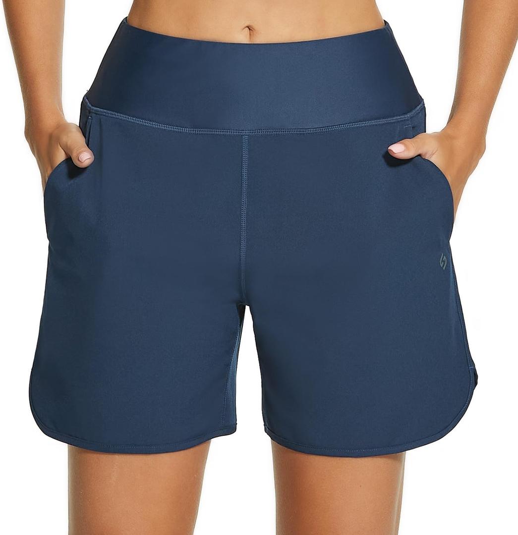 HODOSPORTS Women's 5'' High Waisted Swim Board Shorts with Pockets Liner Quick Dry Swimsuit Bottoms Trunks (S, Navy)