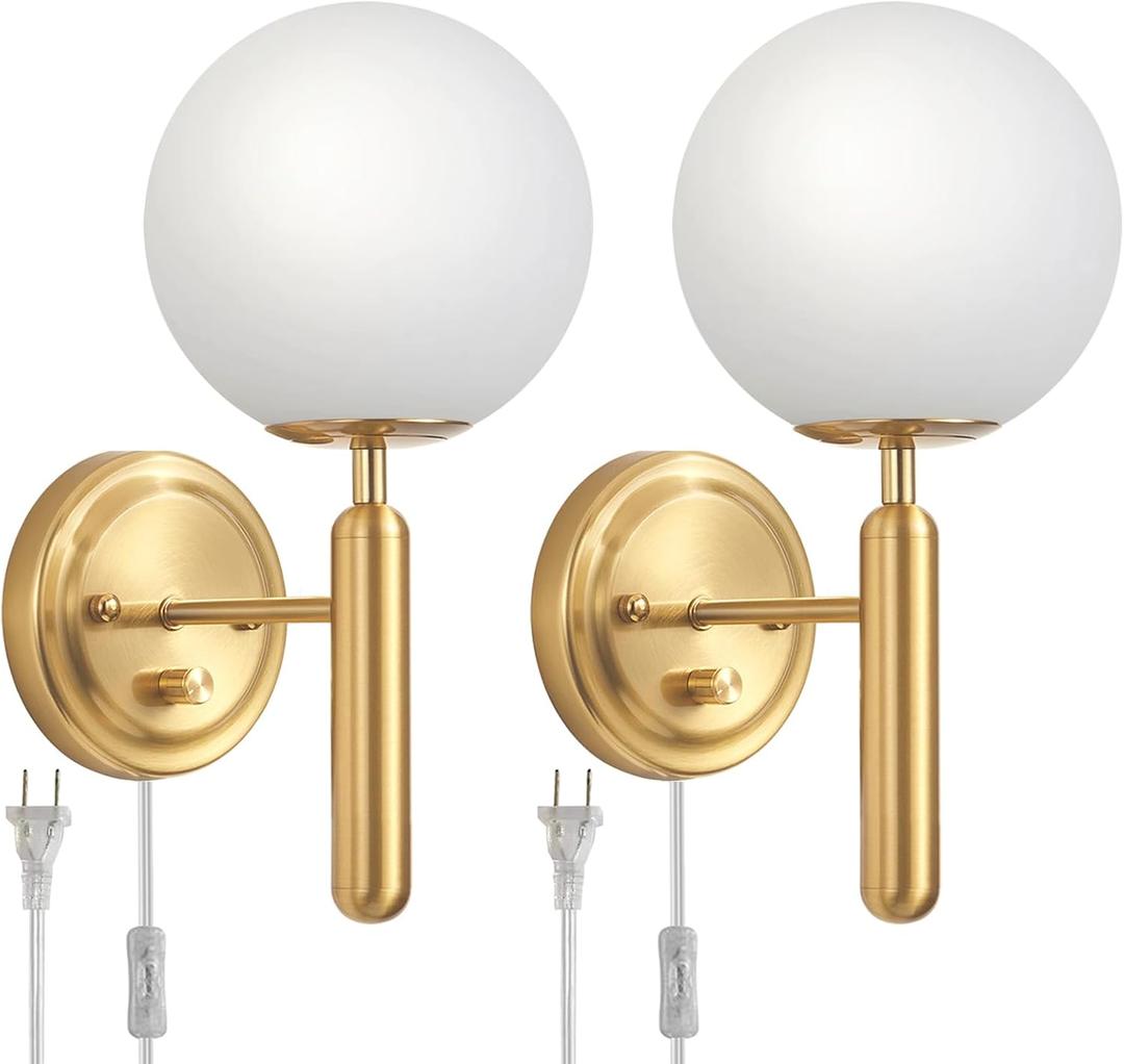 Dimmable Plug in Wall Sconces Set of 2 with Milky Glass Globe Shade, Gold Wall Light with Plug in Electric Cord Dimmer Knob Switch Mid Century Modern Vintage Wall Lamp for Bedroom Bedside Living Room