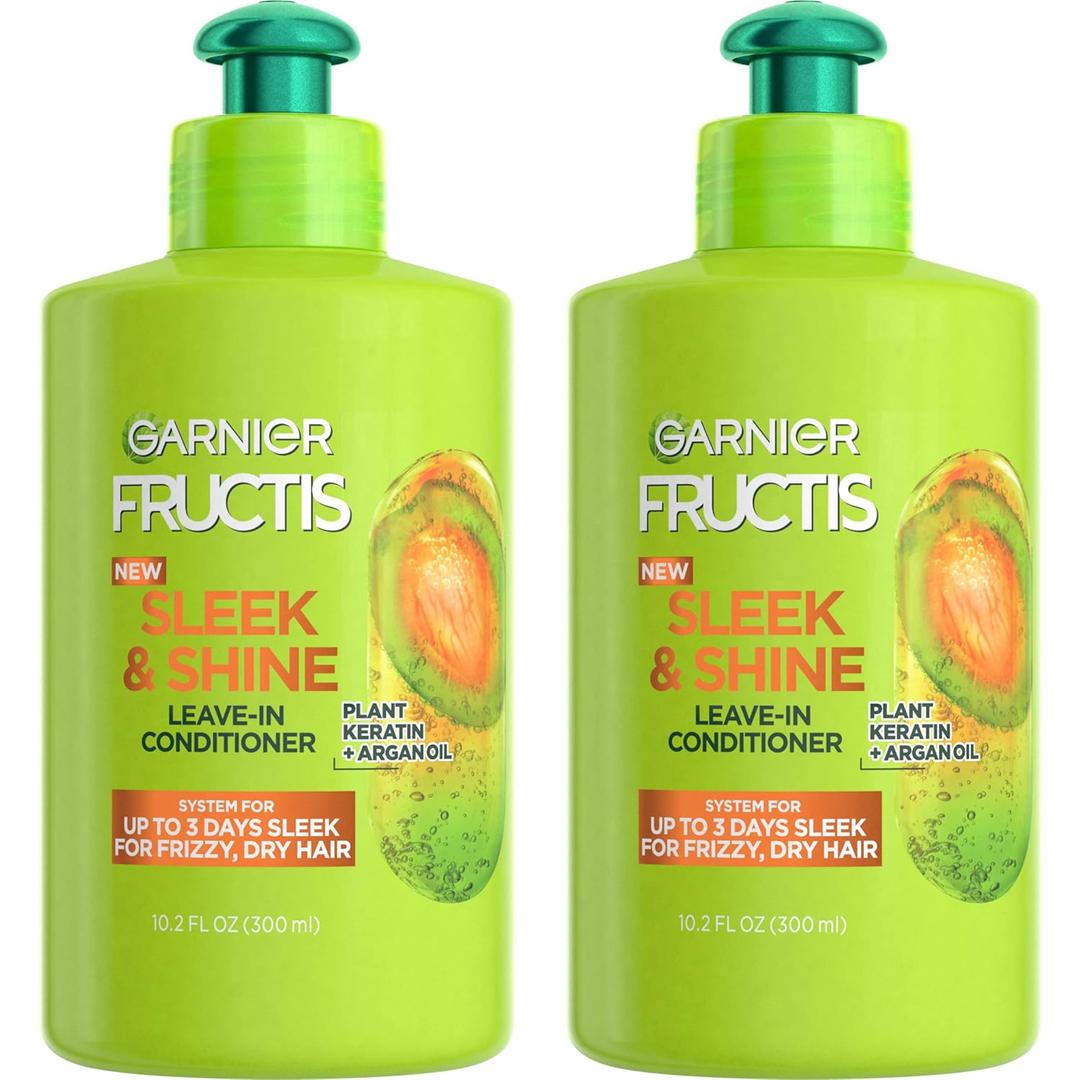 Garnier Fructis Sleek & Shine Leave-In Conditioning Cream for Frizzy, Dry Hair, Plant Keratin + Argan Oil, 10.2 Fl Oz, 2 Count 
