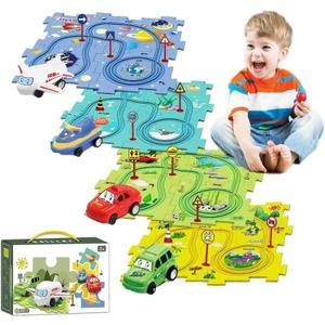 Christmas Stocking Stuffer 4 Sets 4in1 Puzzle Racer Kids Car Track Set,4 Theme Puzzle Racer Car Track Set Puzzle Track Car Play Set Puzzle Raceway Car Track Preschool Gifts for Kids Birthday Gift