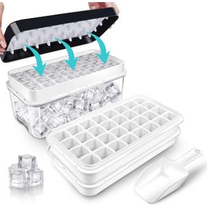 Ice Trays for Freezer with Lid & Bin, Ice Cube Tray Making 64 pcs Ice Cubes, Easy Press to Release Ice, Ice Tray with Storage Bin Chilling Cocktail Whiskey Coffee 2 Trays 1 Ice Bucket & Scoop (Black)
